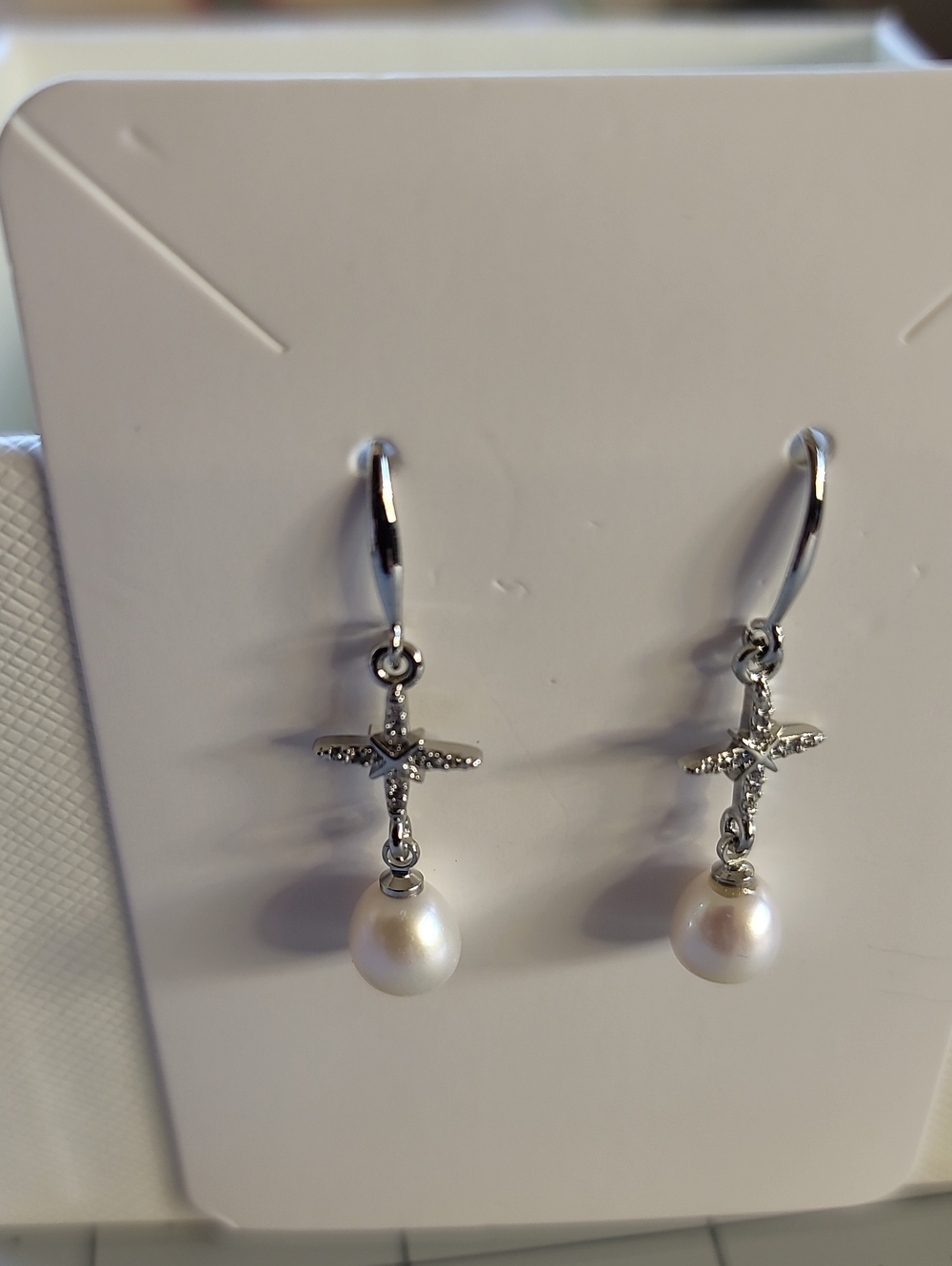 Handcrafted Sterling Silver Cross Pearl Drop Earrings - Genuine Freshwater Pearl